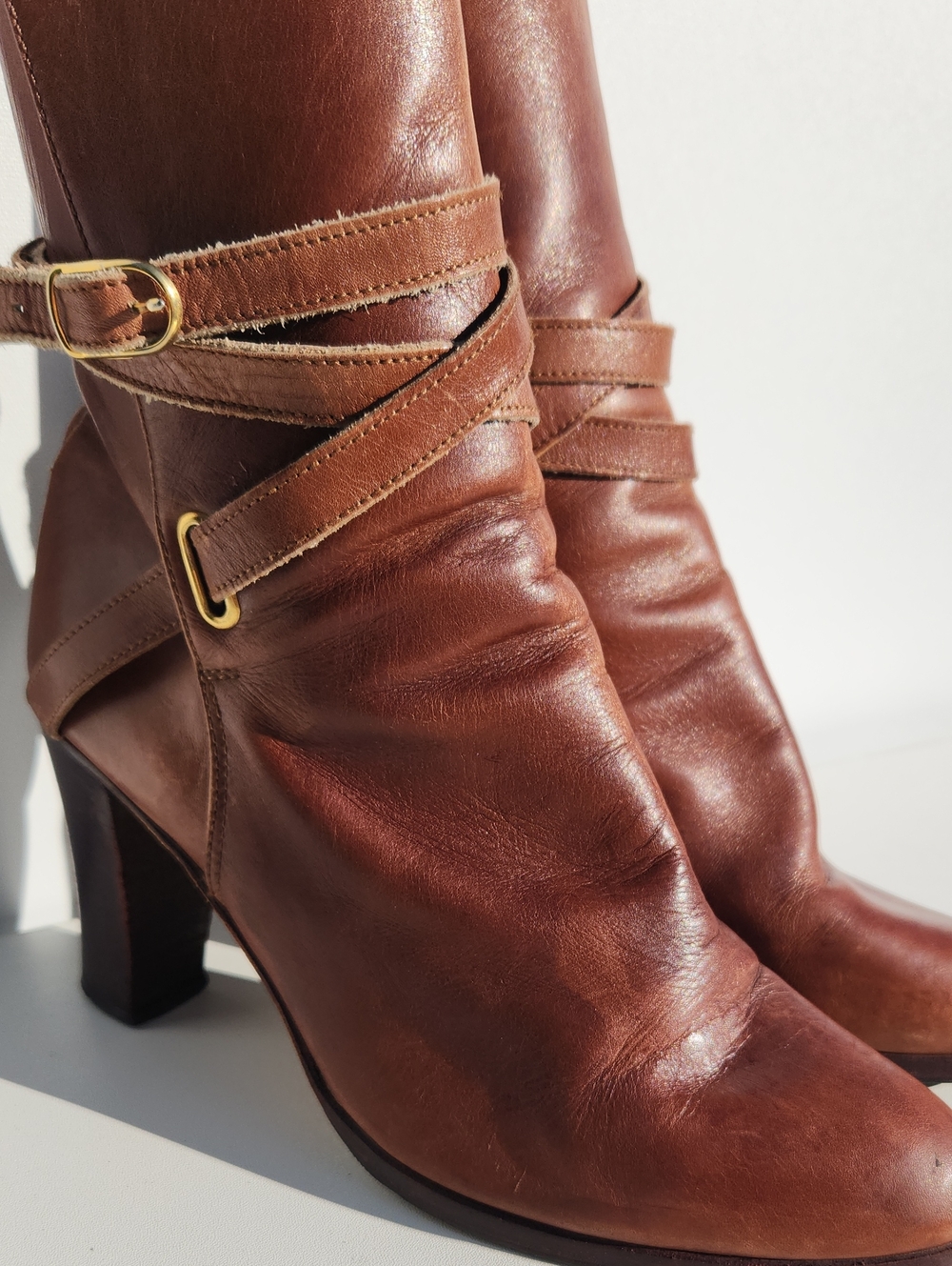 Vero Cuoio Italy Brown Leather Wrap-Strap Heeled Ankle Boots 9AA